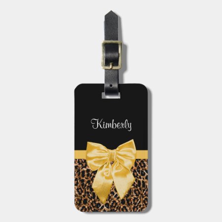 Cute Leopard Print Elegant Yellow Bow And Name Luggage Tag