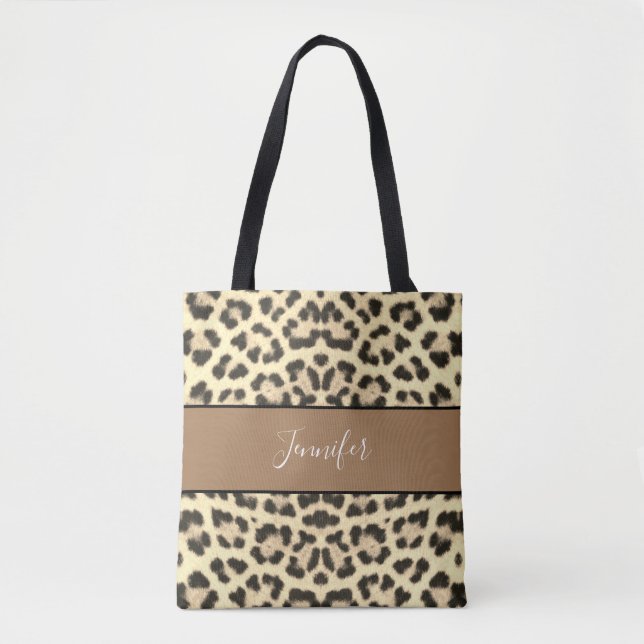 Cute Leopard Print Script Personalized Tote Bag (Front)
