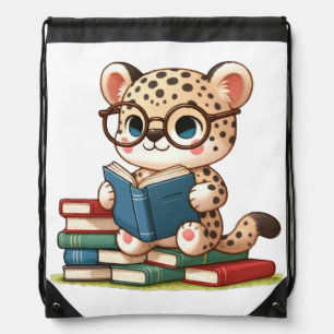 Cute Leopard Reading Drawstring Bag