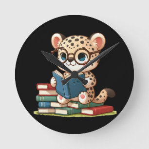 Cute Leopard Reading Round Clock