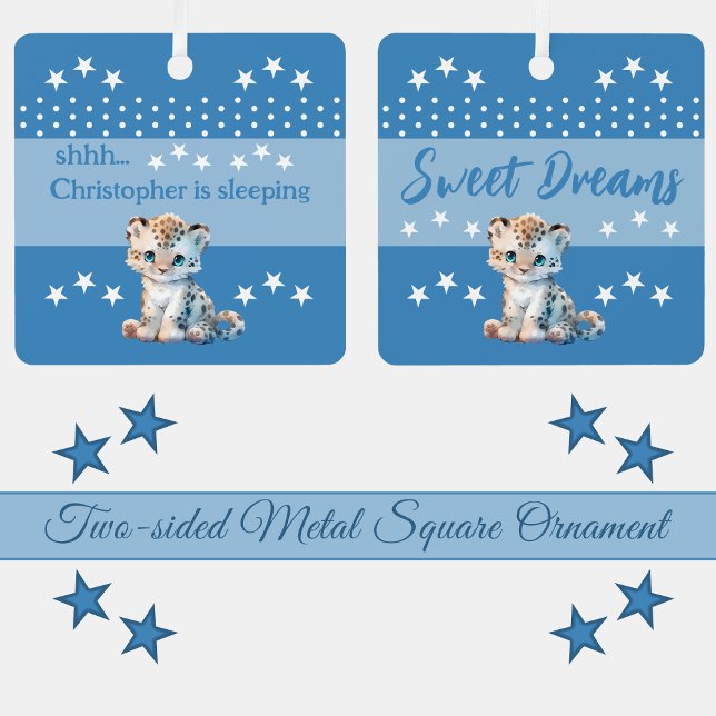 Cute leopard shhh add name is sleeping blue metal ornament (Creator Uploaded)