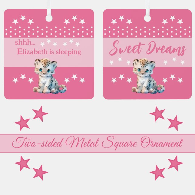 Cute leopard shhh add name is sleeping pink metal ornament (Creator Uploaded)