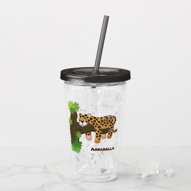 Cute leopard sleeping in tree cartoon illustration acrylic tumbler (Back Ice)