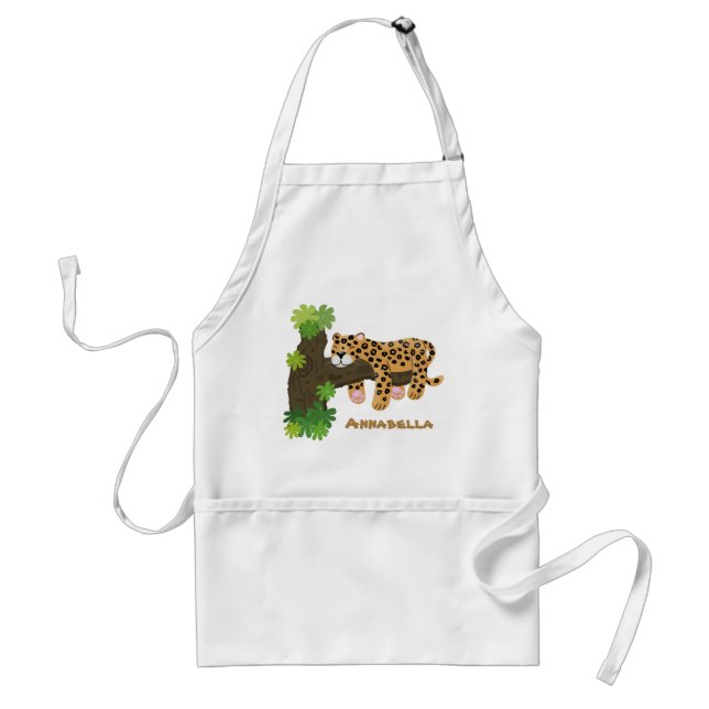 Cute leopard sleeping in tree cartoon illustration adult apron (Front)