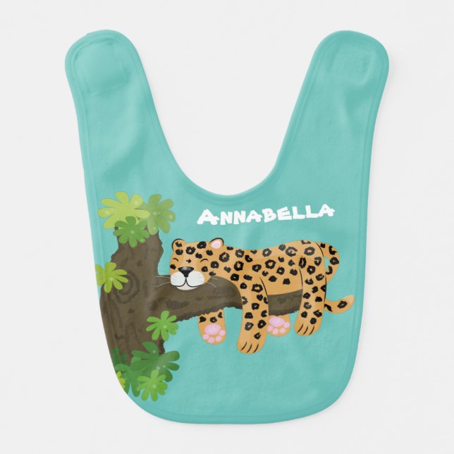 Cute leopard sleeping in tree cartoon illustration baby bib (Front)