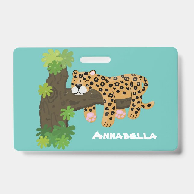 Cute leopard sleeping in tree cartoon illustration badge (Front)