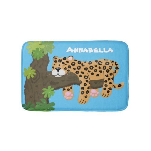 Cute leopard sleeping in tree cartoon illustration bath mat