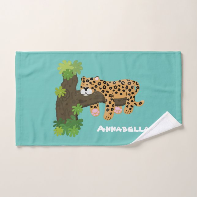 Cute leopard sleeping in tree cartoon illustration bath towel set (Hand Towel)