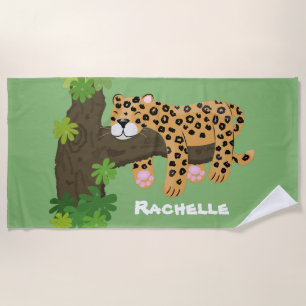 Cute leopard sleeping in tree cartoon illustration beach towel