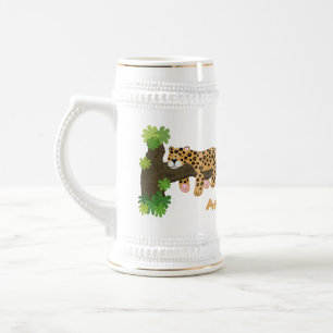 Cute leopard sleeping in tree cartoon illustration beer stein