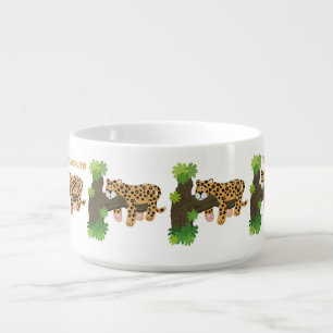 Cute leopard sleeping in tree cartoon illustration bowl
