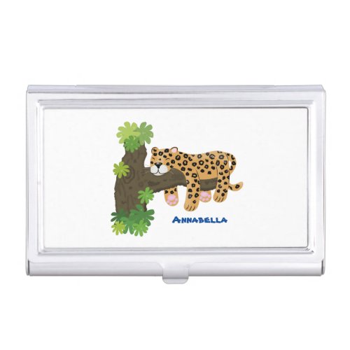 Cute leopard sleeping in tree cartoon illustration business card case