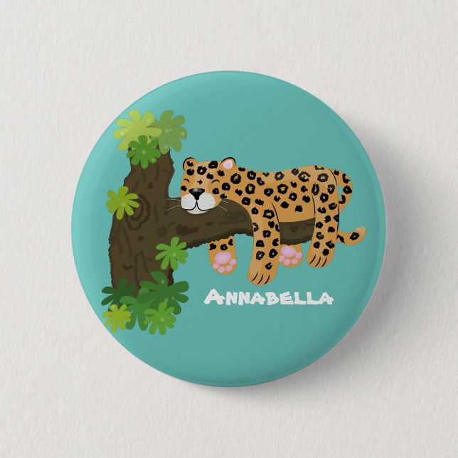 Cute leopard sleeping in tree cartoon illustration button (Front)