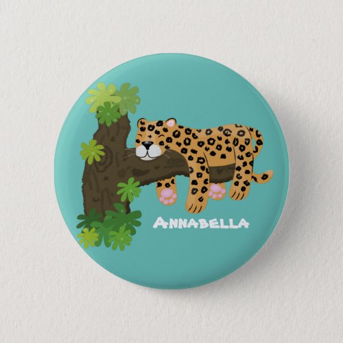 Cute leopard sleeping in tree cartoon illustration button