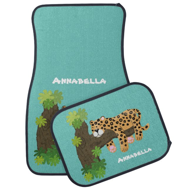 Cute leopard sleeping in tree cartoon illustration car floor mat (Set)