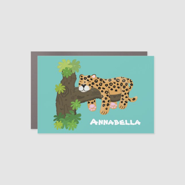 Cute leopard sleeping in tree cartoon illustration car magnet (Front)
