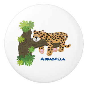Cute leopard sleeping in tree cartoon illustration ceramic knob