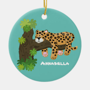 Cute leopard sleeping in tree cartoon illustration ceramic ornament