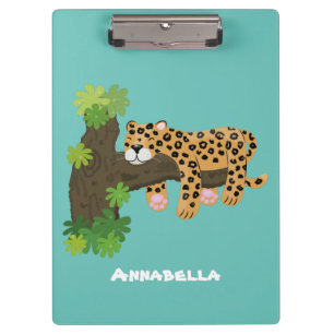 Cute leopard sleeping in tree cartoon illustration clipboard