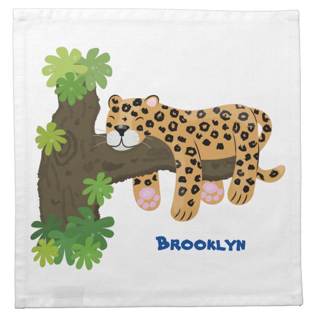 Cute leopard sleeping in tree cartoon illustration cloth napkin (Front)