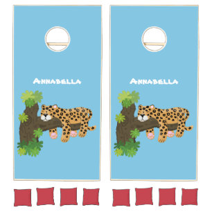 Cute leopard sleeping in tree cartoon illustration cornhole set