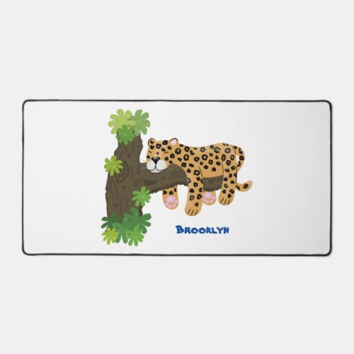 Cute leopard sleeping in tree cartoon illustration desk mat