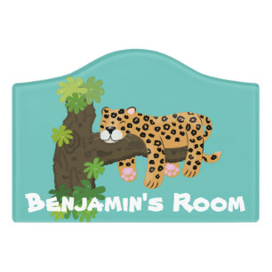 Cute leopard sleeping in tree cartoon illustration door sign