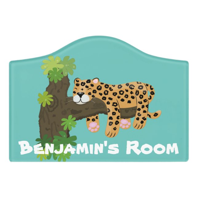 Cute leopard sleeping in tree cartoon illustration door sign (Small Crest Front)