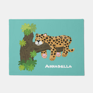 Cute leopard sleeping in tree cartoon illustration doormat