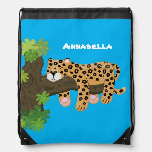 Cute leopard sleeping in tree cartoon illustration drawstring bag