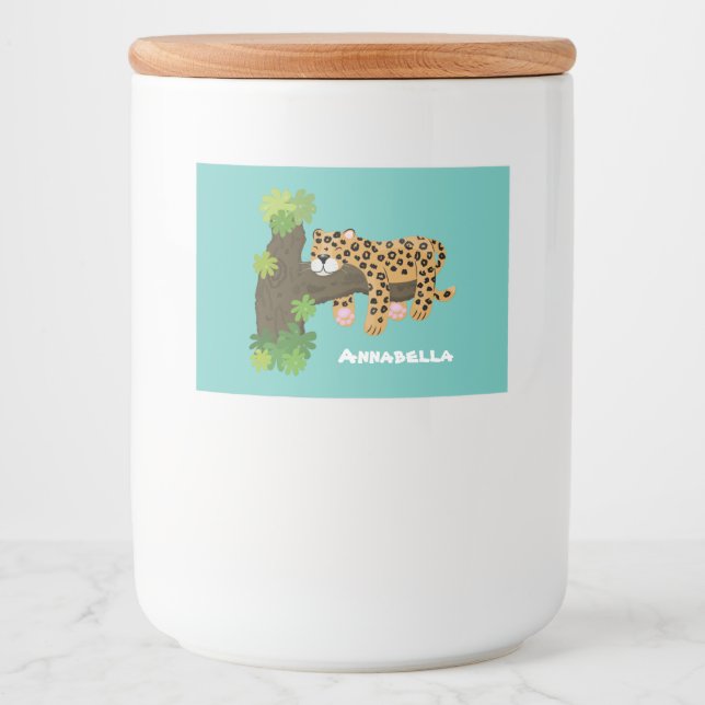 Cute leopard sleeping in tree cartoon illustration food label (Front)