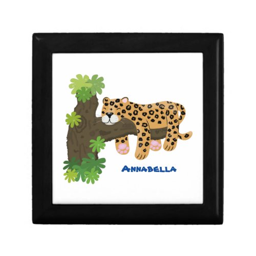 Cute leopard sleeping in tree cartoon illustration gift box