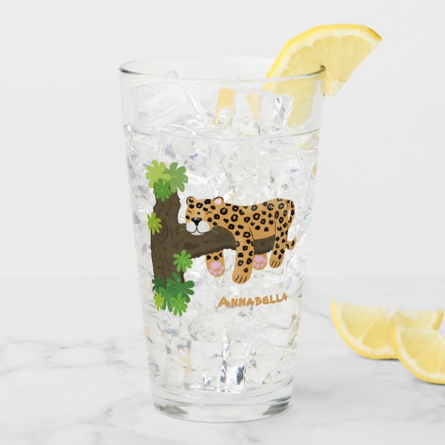 Cute leopard sleeping in tree cartoon illustration glass (Back Ice)