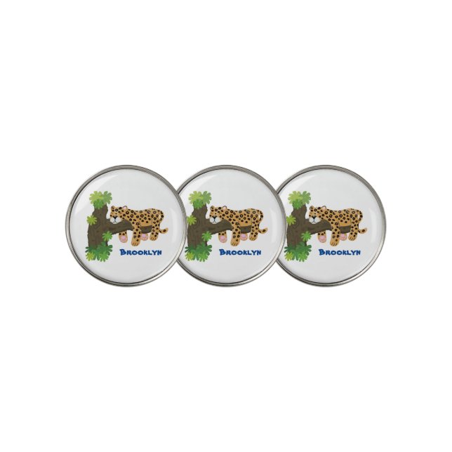 Cute leopard sleeping in tree cartoon illustration golf ball marker (3 Up)