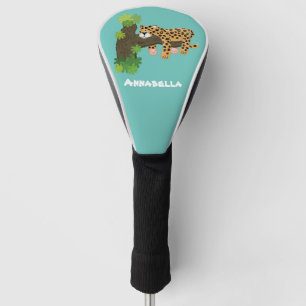 Cute leopard sleeping in tree cartoon illustration golf head cover
