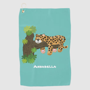 Cute leopard sleeping in tree cartoon illustration golf towel