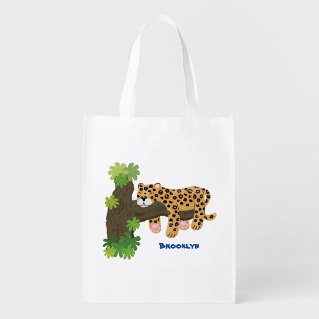 Cute leopard sleeping in tree cartoon illustration grocery bag (Front)