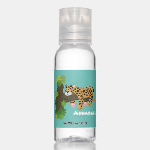 Cute leopard sleeping in tree cartoon illustration hand sanitizer