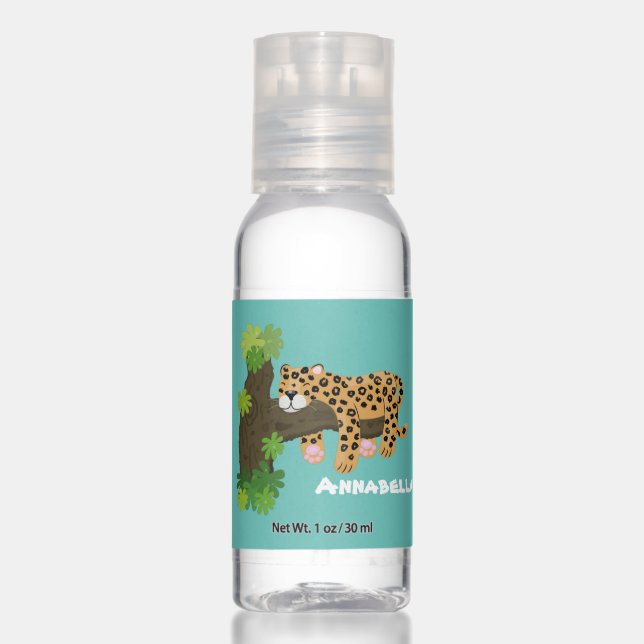 Cute leopard sleeping in tree cartoon illustration hand sanitizer (Front)