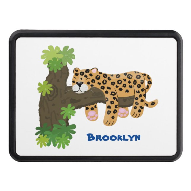 Cute leopard sleeping in tree cartoon illustration hitch cover (Front)