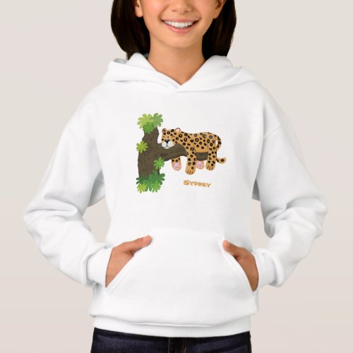 Cute leopard sleeping in tree cartoon illustration hoodie