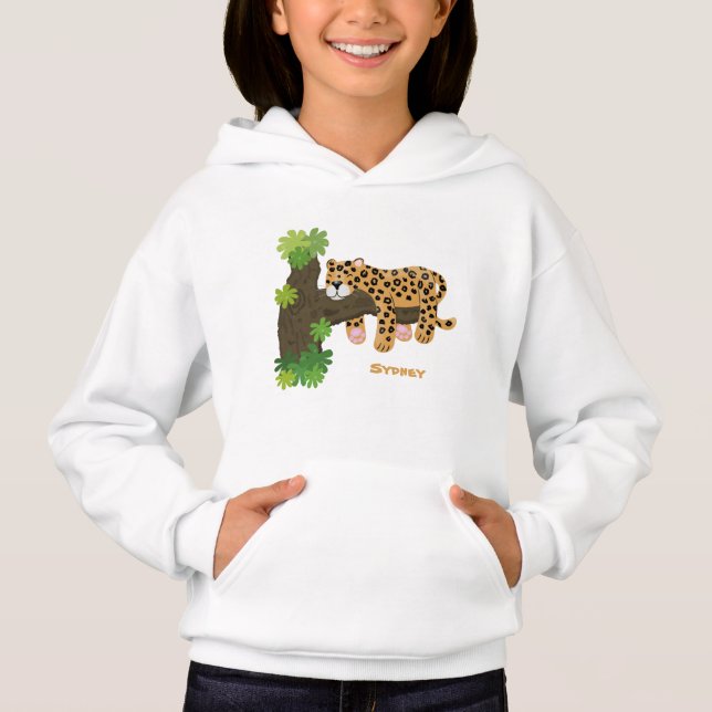 Cute leopard sleeping in tree cartoon illustration hoodie (Front)