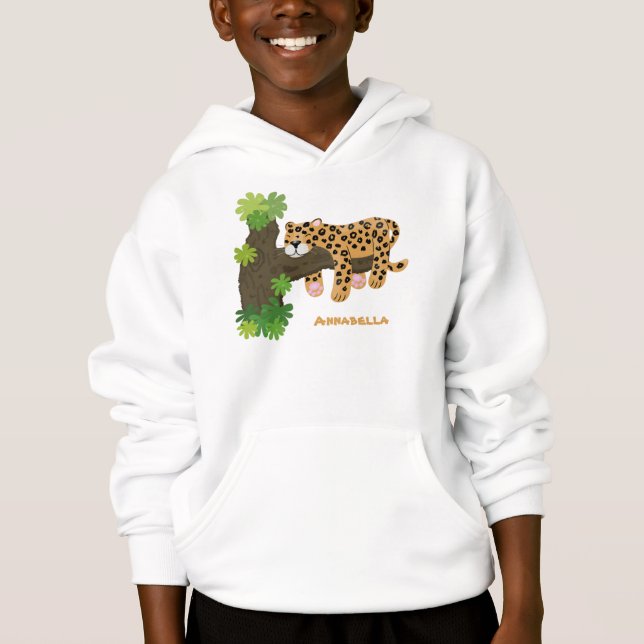 Cute leopard sleeping in tree cartoon illustration hoodie (Front)