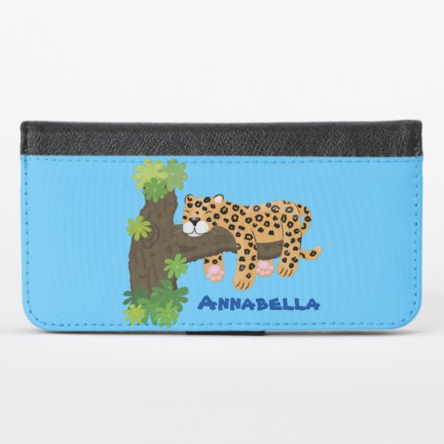 Cute leopard sleeping in tree cartoon illustration iPhone x wallet case