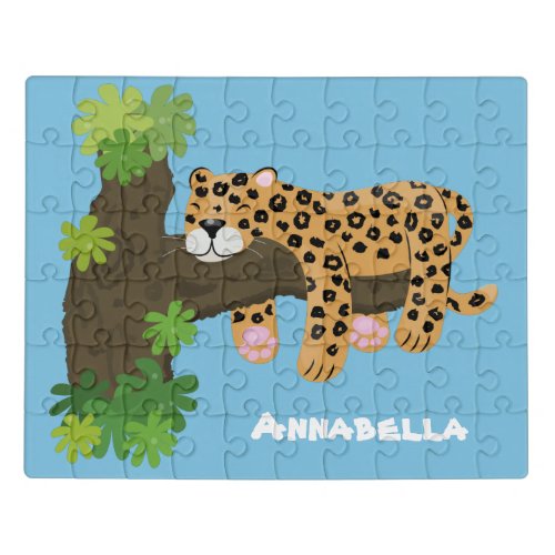 Cute leopard sleeping in tree cartoon illustration jigsaw puzzle