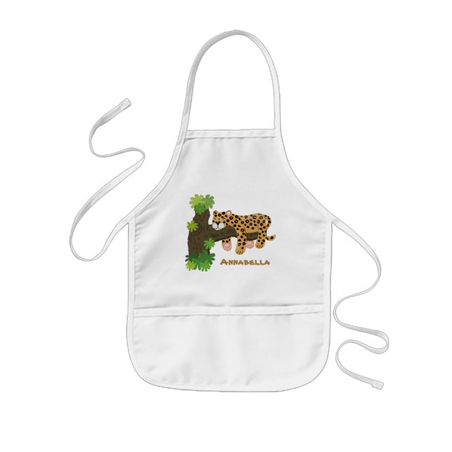 Cute leopard sleeping in tree cartoon illustration kids' apron (Front)