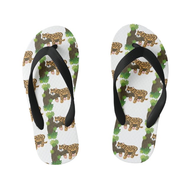 Cute leopard sleeping in tree cartoon illustration kid's flip flops (Footbed)