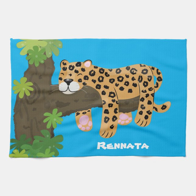 Cute leopard sleeping in tree cartoon illustration kitchen towel (Horizontal)