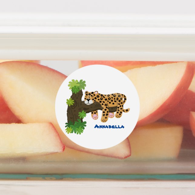 Cute leopard sleeping in tree cartoon illustration labels (Affixed)