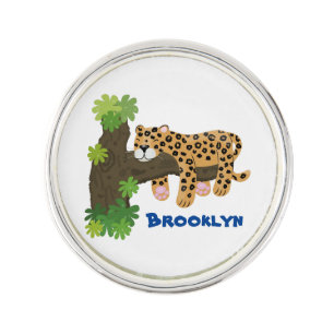 Cute leopard sleeping in tree cartoon illustration lapel pin